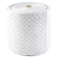 This CONDOR sorbent roll is made of white polypropylene, measuring 300 ft in length and 15 in in width. It is used for absorbing and containing industrial fluid spills, including oils, coolants, and water-based liquids.