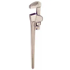 This nonsparking straight pipe wrench is constructed from aluminum bronze for use in environments where sparking must be avoided. It features a 36-inch overall length and a jaw capacity of 5 11/16 inches, with serrated jaws and an I-beam handle for secure gripping and structural strength.