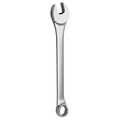 This 17 mm metric spline combination wrench features a chrome finish and offset design for access to recessed fasteners. Suitable for tightening or loosening fasteners in industrial maintenance, assembly, and repair tasks.