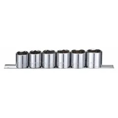 This 6-piece metric socket set includes standard-depth sockets from 20 mm to 25 mm with a 6-point design and 3/8 in drive. The set is tether ready for drop prevention. Suitable for fastening and loosening hex nuts and bolts in automotive repair, machinery maintenance, and general industrial assembly.