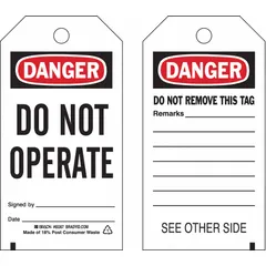 White prohibited activity tags with black/red markings, each featuring a cable tie fastener for secure attachment. Supplied in a pack of 25, these tags are used in lockout/tagout procedures to clearly mark equipment or circuits that must not be operated.
