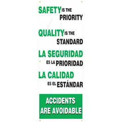 Indoor/outdoor banner made of poly sheeting, printed on two sides. Nominal size 74 in x 28 in. Suitable for general safety messaging in industrial facilities to promote workplace safety awareness.