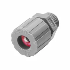 Straight nylon liquid-tight cord connector with 1 in MNPT box connection, accepting cord diameters from 1.00 in to 1.13 in. Gray nylon body with pink color-coded grommet. Rated IP66 and Class III, Division 1 & 2 for hazardous locations involving combustible fibers or flyings. Overall length 2 1/2 in.