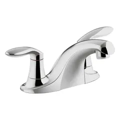 Centerset bathroom faucet with arc spout and polished chrome finish. Includes grid drain with tailpiece. Flow rate 0.5 gpm. Suitable for residential and light-commercial bathroom sinks.
