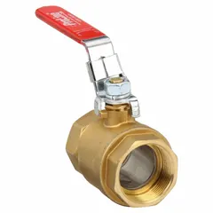 This brass ball valve features a straight, full-port design with female iron pipe (FIP) threads on both ends. The locking lever handle provides secure manual on/off flow control. Suitable for use in plumbing, HVAC, and process piping systems handling water, oil, or gas.