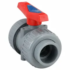 This two-way ball valve is made of CPVC with a straight body and standard port. It features socket x FNPT connections and a lever handle for manual operation. Suitable for on/off flow control in piping systems handling corrosive fluids.