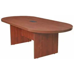 This oval conference table from REGENCY features a laminate cherry wood finish with PVC edge banding and slab leg design. With overall dimensions of 95 inches long by 43 inches wide, it provides a formal surface suitable for meeting rooms and collaborative workspaces.