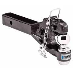 This REESE ball mount with pintle hook combines a 2-inch ball for standard couplers with a pintle hook for lunette-ring trailers. Constructed from steel with a powder-coated finish, it features a 2-inch x 2-inch shank and a Class IV rating with a 12,000 lb gross vehicle weight capacity. Suitable for towing heavy trailers, equipment, or vehicles in construction, agriculture, and fleet applications.