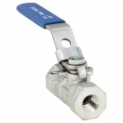 This straight two-way ball valve features a 316 stainless steel body and FNPT x FNPT connections. The locking lever handle allows secure on/off flow control. Suitable for use in industrial piping systems handling water, oil, or compressed air.