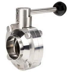 This DIXON butterfly valve features a 316L stainless steel body and disc with solder connections. It has a lever handle with 4 stop positions, a maximum pressure rating of 140 psi (CWP), and an average surface roughness (Ra) of ≤ 32 micron. Suitable for on-off flow control in sanitary and industrial piping systems requiring cleanability and corrosion resistance.