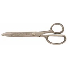 Straight, pointed non-sparking scissors made of aluminum bronze with a natural bronze finish. Overall length 6 inches, right-hand orientation, with vinyl grips. Used for cutting in hazardous environments where flammable gases, vapors, or combustible dusts are present.