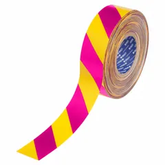 This extra-durable floor marking tape features a 22 mil thick polyester backing with high-visibility pink/yellow stripes. It is used to designate safety zones, walkways, and hazard areas in industrial facilities, helping to alert personnel to potential dangers.