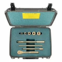 This 9-piece SAE socket set includes five 6-point sockets ranging from 1/2 in to 1-1/4 in, a 10 in Pear Head Ratchet, and a 1/2 in drive size. Constructed from non-sparking and non-magnetic materials, it is suitable for use in hazardous environments where ignition or magnetic interference must be avoided.