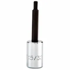 This hex bit socket features a fixed insert design with a 5/32 in hex tip. It has an overall length of 2 23/32 in. Used for driving hex-head fasteners in assembly and repair applications.