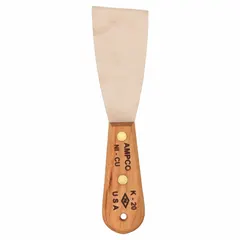 Standard scraper with a stiff, straight blade made of beryllium copper and a wood handle. Designed for general scraping tasks in industrial settings. The beryllium copper construction provides non-sparking properties suitable for hazardous environments.
