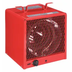 Portable electric heater for jobsite and garage use. Operates on 208/240V AC single-phase with selectable 3kW or 4kW output. Features NEMA 6-30P plug, automatic reset thermal overheat protection, and steel intake and discharge grilles. Dimensions: 13 in H x 10-7/16 in W x 10-7/16 in D.