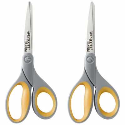 WESTCOTT Scissors: Ambidextrous, 8 in Overall Lg, Straight, Titanium Bonded, Fine - Plastic-Handle Scissors