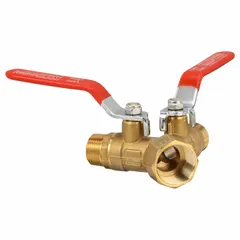 This three-way ball valve features a Y-pattern brass body with standard port ball port. Connections are FNPT x MNPT x MNPT. The lever handle provides manual operation for diverting or mixing flow in plumbing and industrial systems.