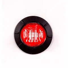 LED round surface mount clearance light with red lens and grommet mounting. Features lead bullet connector, SAE lens code PC, and IP67 rating. Used on trailers, trucks, and heavy equipment to indicate vehicle width and height.