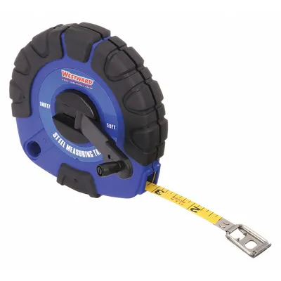 WESTWARD Long Tape Measure: Assisted,, SAE, 50 ft, 1/8 in, Plastic with Grip, Inch - Closed-Reel Long Tape Measures