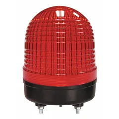 Red LED warning light for industrial signaling applications. Operates on 90 to 240V AC. Threaded mount for panel or machine installation. Overall height 4 1/2 in, diameter 3 3/8 in.
