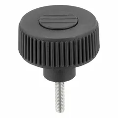 Knurled knob with threaded stud for manual clamping, positioning, and adjustment on machinery and fixtures. Plastic body with stainless steel thread, M5 thread size, 20 mm thread length, 40 mm diameter, gray color.