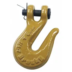 This CROSBY narrow-opening grab hook is made of alloy steel with a Grade 80 rating and a material thickness of 15/32 in. It is used for attaching chain to loads or anchor points in lifting and rigging applications, such as material handling, construction, and heavy equipment maintenance.