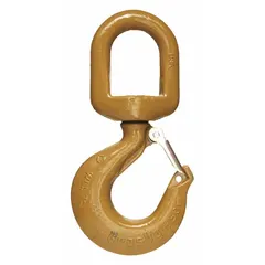 This CROSBY slip hook is a general purpose lifting hook for overhead lifting and rigging applications. It has a 14,000 lb working load limit, Grade 100, and is made of alloy steel with 1 in material thickness. The hook features a gold color and visual indicator markings for deformation and max angle.