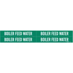 Green adhesive pipe markers with white legend reading 'Boiler Feed Water'. Each marker fits pipe outer diameters from 3/4 to 2-3/8 inches. Pack of 4 markers without arrows. Used to identify boiler feed water lines in industrial piping systems for safety and maintenance.