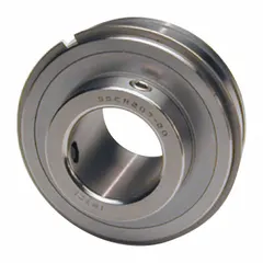 Food-grade cylindrical insert bearing with ball bearing type, 1 1/8 in bore, 2 7/16 in OD, and set screw locking. Suitable for conveyor and processing equipment in washdown environments.