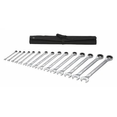WESTWARD Combination Wrench Set: Alloy Steel, Chrome, 15 Tools - SAE 12-Point Ratcheting Combination Wrench Sets