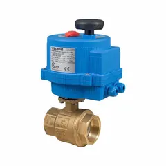 This BONOMI electrically-actuated ball valve is made of brass with a straight FNPT x FNPT connection. It operates on 24V AC/DC and includes an ISO 5211 actuator mounting pad and a manual override. The valve is used for on/off control of fluids in piping systems.