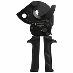 This ratcheting cable cutter is designed for cutting electrical and data cables. Its straight design and ratcheting mechanism enable clean cuts on copper and aluminum conductors. The tool has an overall length of 6 inches and is suited for repetitive cutting tasks in telecom, network, and electrical installation work.