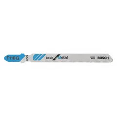 Bi-metal jigsaw blade with high-speed steel teeth for cutting thin metals. Features a T-shank design and 3-5/8 inch blade length. Suitable for sheet metal, ductwork, and automotive panels. Sold in a pack of 5 pieces.