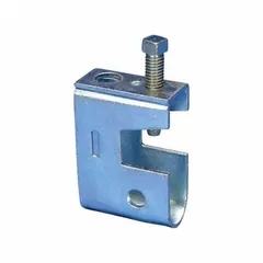 This C-clamp style beam clamp is fabricated from electro-galvanized steel and rated for a 500 lb load capacity. It is designed to secure 3/8 in threaded rod to structural steel beams, with an installation torque of 5 ft-lb. Commonly used in overhead mounting applications for supporting piping, conduit, or ductwork.