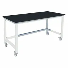 Fixed-height lab table with an epoxy countertop, 7 ft overall length, 30 in overall width, and 36 in overall height. Equipped with locking swivel casters for mobility and stability. Supports up to 960 lb load capacity. Suitable for laboratory, testing, assembly, or inspection stations requiring chemical resistance and durability.