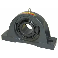 This SEALMASTER pillow block ball bearing features a cast iron housing with set screw locking for secure shaft mounting. Designed for inch-system applications, it has a 2 7/8 in bore, 3 1/2 in shaft height, and a maximum speed of 2,450 RPM. The mounting bolt size is 7/8 in. Typical uses include supporting rotating shafts in conveyors, fans, and pumps.