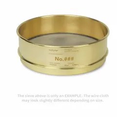 This test sieve has an 8 in outside diameter and 2 5/8 in height, with a #120 US Standard Screen Size. The stainless steel screen is mounted in a brass frame. It meets ASTM E11 standards and is used for particle size analysis and classification of granular materials in laboratory and quality control applications.