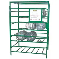 Horizontal gas cylinder rack designed to store up to eight compressed gas cylinders. Measures 33 inches by 36 inches by 70 inches with a powder-coated green finish. Suitable for organizing cylinders in industrial facilities, welding shops, and laboratories to prevent tipping or damage