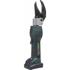 The GREENLEE ES32FML110 is a 10.8V cordless cable cutter with an inline scissor design. It cuts fine stranded copper cable up to 1-1/4 in. Includes two 1.5 Ah batteries. Suitable for cutting copper cable in electrical installations and wiring applications.
