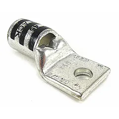 One-hole compression lug for terminating 2/0 AWG stranded copper wire. Features a 1/2 in stud size and is made of copper. Suitable for use in power distribution, panel building, and heavy equipment applications.
