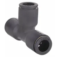 Nylon and nickel-plated brass push-fit tee fitting for branching tubing in pneumatic and fluid handling systems. Connects 1/2 in OD x 3/8 in OD x 1/2 in OD tubing with 2 3/4 in overall length. Sold in a 10-pack