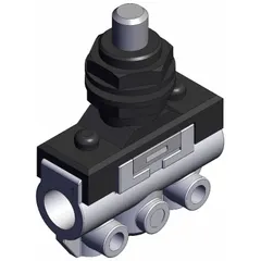 Plunger-actuated, side-ported manual air control valve with 3 ports and 1/8 in BSPT connections. Used for directional air flow control in pneumatic systems, allowing manual selection of air paths in industrial machinery and automation equipment.