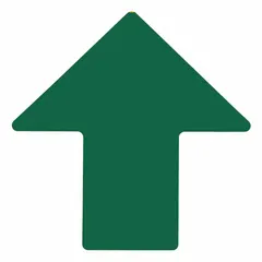 Solid green arrow-shaped floor marking tape with no legend, measuring 4 inches by 10 inches. Made from 8 mil thick polyester backing. Supplied in packs of 100. Used to indicate directional flow, safe pathways, or equipment zones in industrial facilities.