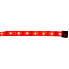This flexible LED strip light from MAXXIMA provides red illumination at 12.8V DC. It features a flat shape, IP68 rating for dust and water ingress protection, and blunt cut wires for electrical connection. Designed for surface mounting, it is suitable for low-voltage lighting applications in industrial environments.