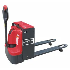 This electric pallet jack is powered by a 24V lead acid battery and features steel forks with a disc brake. The fork dimensions are 48 in length by 27 in overall width, with a 15 in width between forks. It is suited for moving palletized loads in warehouses and distribution centers.