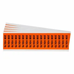 Self-stick vinyl C-label for identifying 208-volt circuits. Each label measures 2 1/4 in wide by 1/2 in tall with legend '208 Volts'. Suitable for marking electrical panels, junction boxes, and conduit runs.