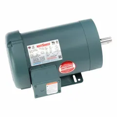 Totally enclosed fan-cooled (TEFC) 3-phase AC motor with C-face and rigid base mounting. Rated 1 1/2 hp, 1750 RPM at 60 Hz, 2.4 A full load current at 230/460V AC. Includes a thermal protector (T-Stat). Suitable for continuous-duty industrial applications such as pumps, fans, conveyors, and machine tools.