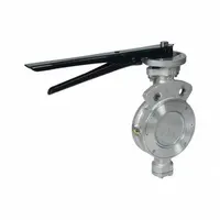 This wafer-style butterfly valve features a carbon steel body and an RPFTE liner for corrosion resistance and tight shut-off. It is designed for on-off or throttling control of water media in industrial piping systems. The valve has a 3-inch pipe size and is rated for a maximum pressure of 200 psi CWP, operated by a lever handle
