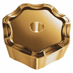 Heptagon indexable milling insert with 7 cutting edges, 09 mm inscribed circle, and 12 mm thickness. Grade F57 is suited for machining steel, stainless steel, and cast iron. Used for high-feed roughing and finishing in general engineering, mold and die, and heavy equipment manufacturing.